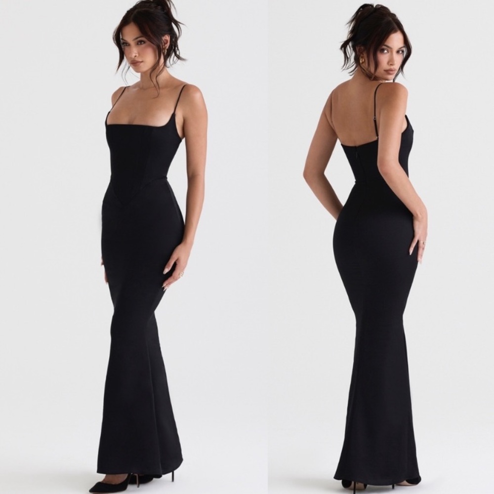 HOUSE OF CB 'Olivette' Black Satin Corset Maxi Dress NWOT size XS